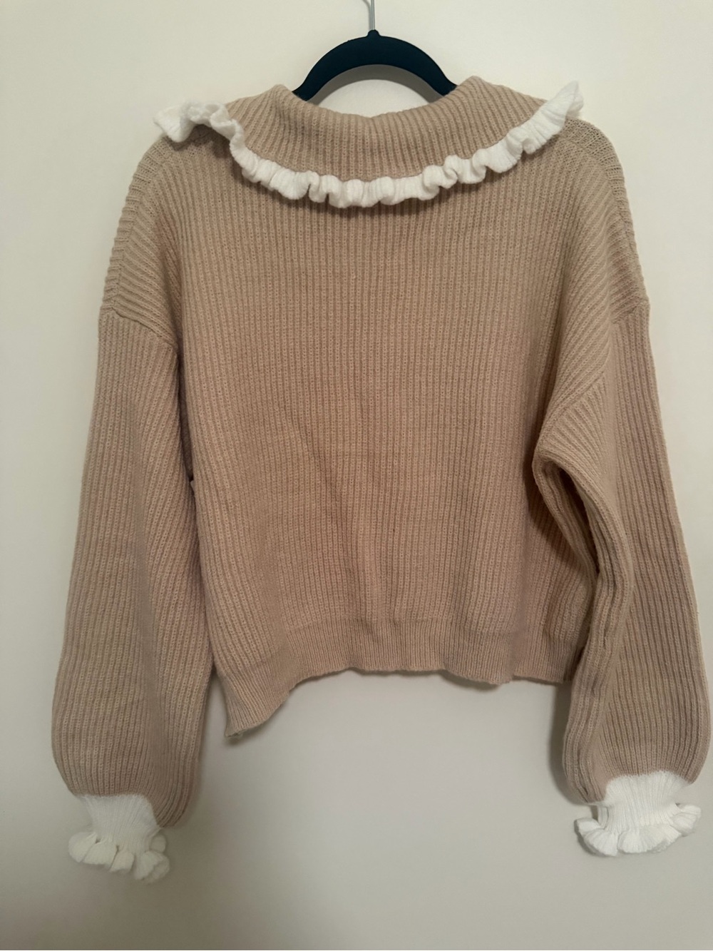 Beige Ruffle-Trim Knit Cardigan - Picture 3 of 4